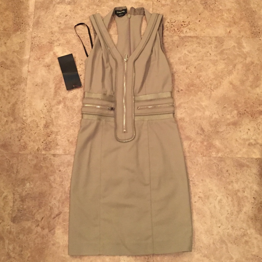 bebe Taupe Beige Mini Dress with Zip Front